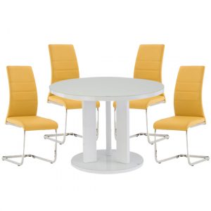 brambly-white-gloss-glass-dining-table-4-soho-yellow-chairs